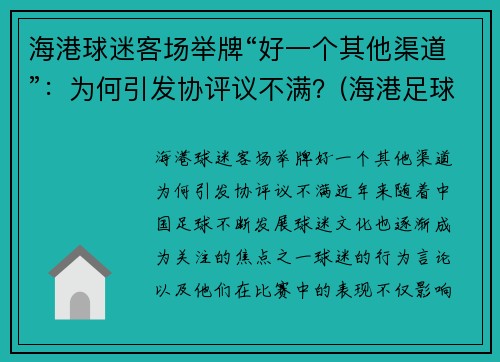 海港球迷客场举牌“好一个其他渠道”：为何引发协评议不满？(海港足球比赛直播)