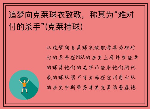 追梦向克莱球衣致敬，称其为“难对付的杀手”(克莱持球)